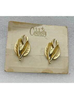 1960s Celebrity NY Gold Tone Leaf Clip Earrings-NOS Original Card